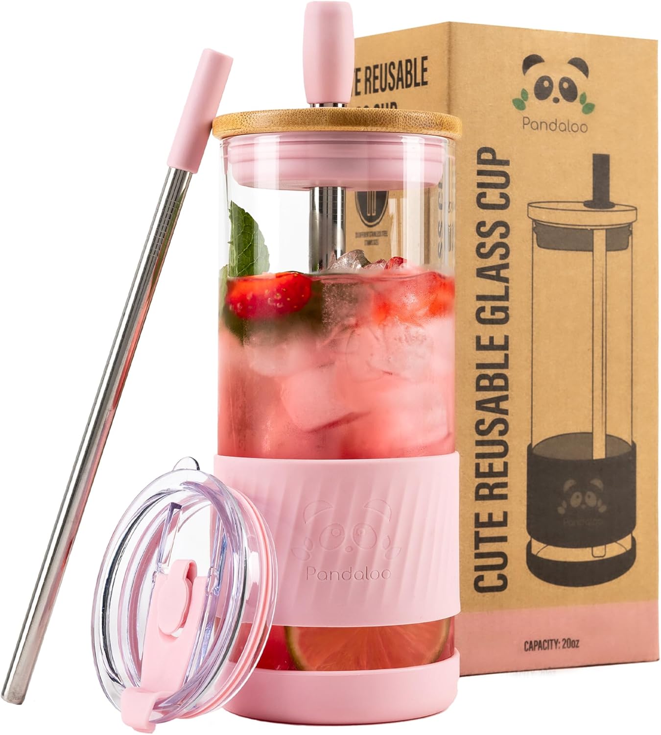 Pandaloo® Glass Cups With Lids and Straws -20 Fl Oz- Perfect Size Iced Coffee Cup - Smoothie Cup With Bamboo Lid and On the go Lid - Glass Tumbler With Straw (1 Count (Pack of 1), Lilac Rhapsody)