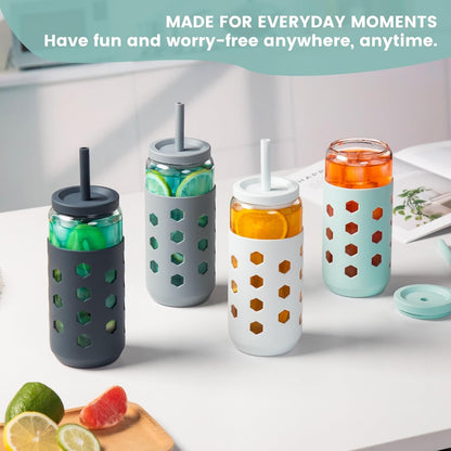 Mrsdry Glass Cups with Lids and Straws (4 Pcs), 16oz Drinking Glasses Set with Silicone Sleeves for Coffee Bar Accessories Iced Coffee Cups with Lids, Glass Tumbler Reusable for Gifts