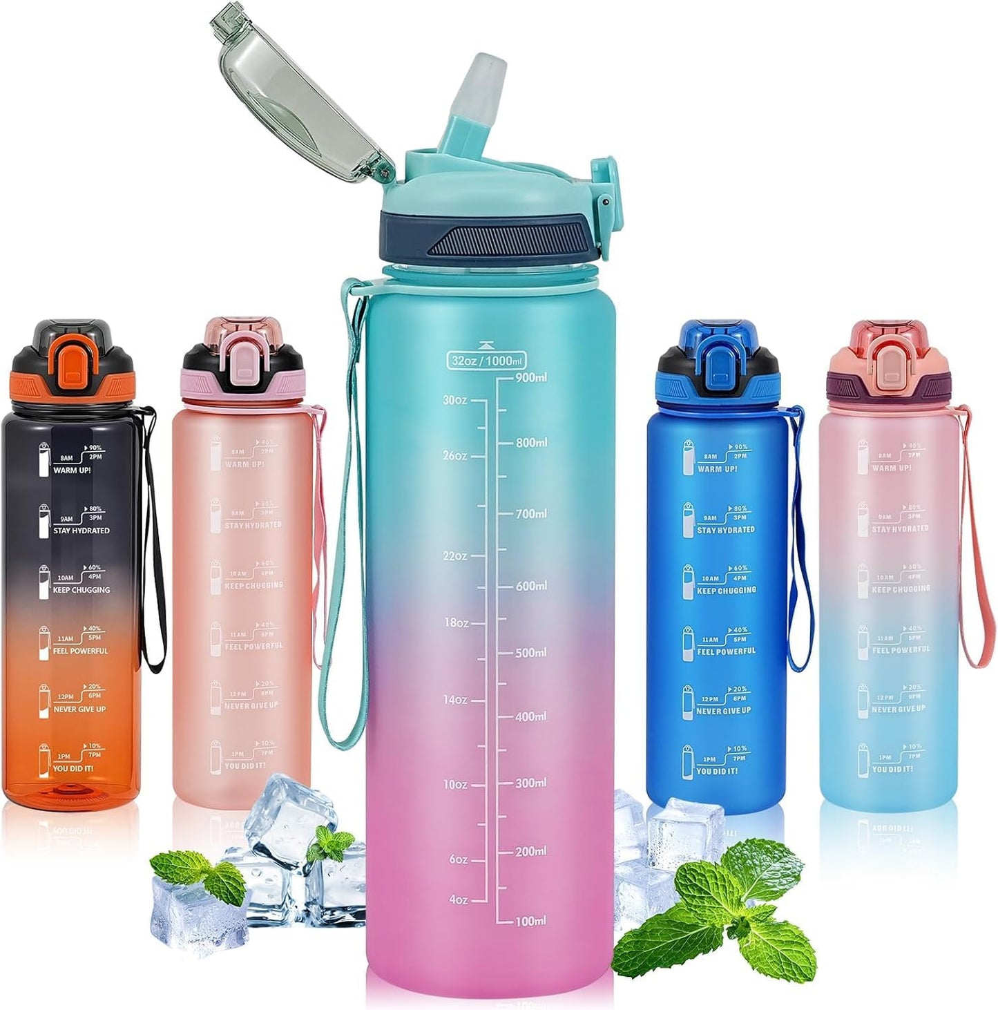 Water Bottle with Straw 1L,Boys Water Bottles with Straw 1 Litre,Waterbottle Leak-Proof Sports Water Bottle,Plastic Drinks Bottles Toxin Free，Bpa-Free (Cyan Black)
