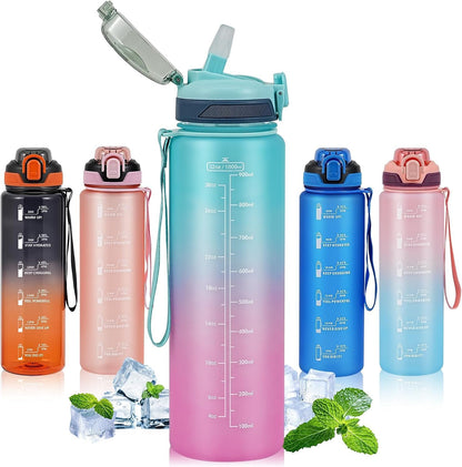 Water Bottle with Straw 1L,Boys Water Bottles with Straw 1 Litre,Waterbottle Leak-Proof Sports Water Bottle,Plastic Drinks Bottles Toxin Free，Bpa-Free (Cyan Black)