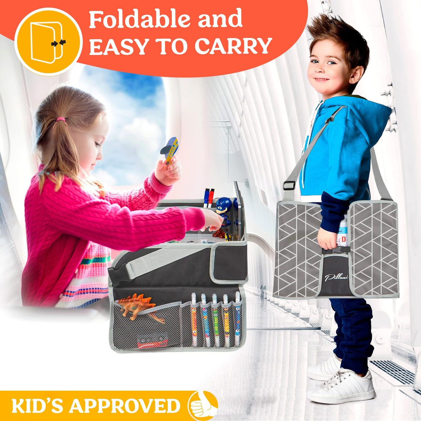 PILLANI Kids Travel Tray for Car - Car Seat Tray with Activity Sheets & Pens, Road Trip Essentials for Car & Airplane, Must Have Toddler Travel Lap Desk Accessories - Road Trip Activities for Kids