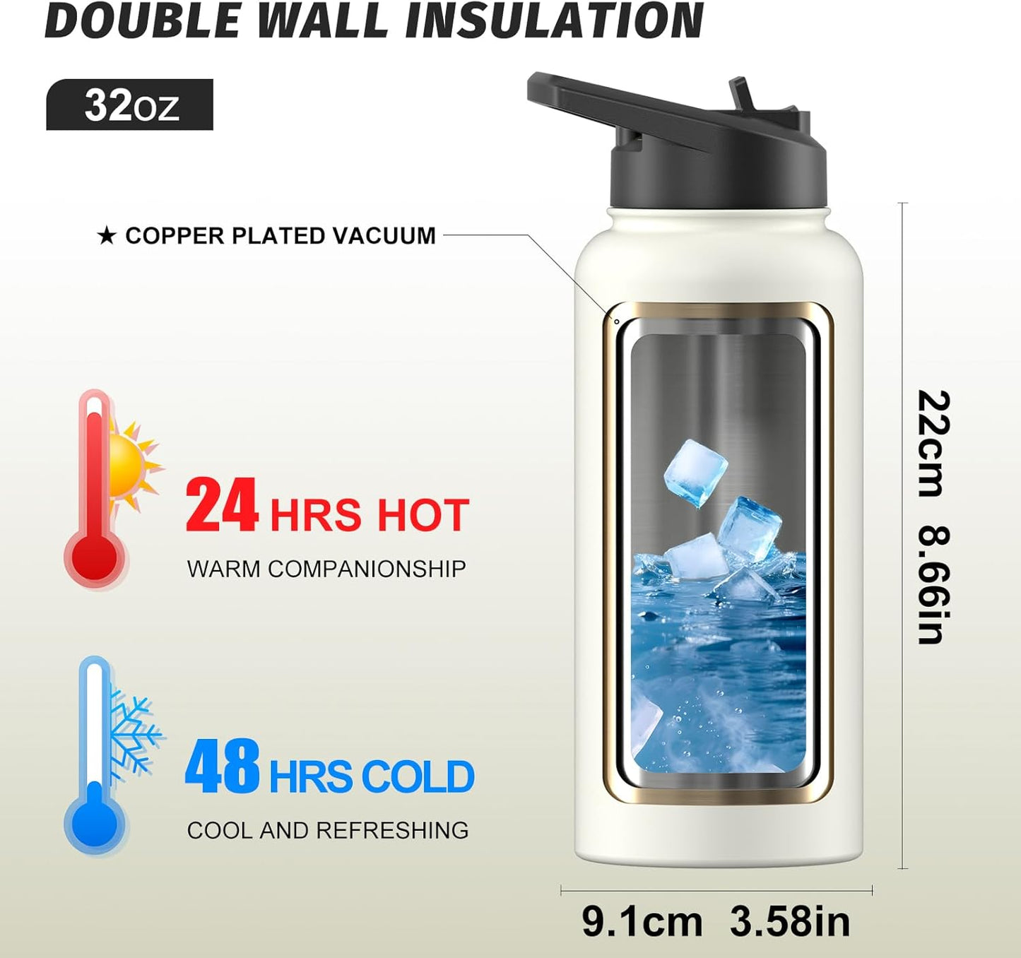 40oz Insulated Water Bottle (Cold for 48 Hrs),BPA Free&Leak Proof,Stainless Steel Water Flask,Water Jug with Straw Spout Lids for Gym,Hiking,Travel,Black Blue