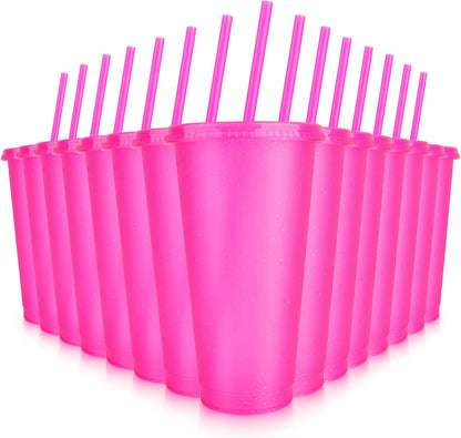 Hxezoc 16-Piece Reusable Cups with Lids and Straws, 24 oz Glitter Plastic Tumbler Iced Coffee Cups Travel Mug Cup for Smoothie Juices Beach or Bachelor Party (Black)