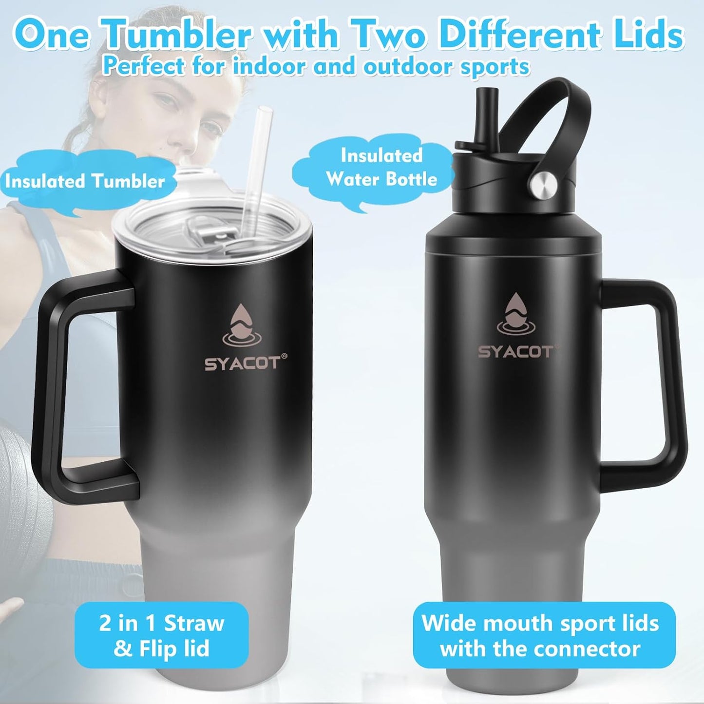 40 oz Tumbler with Handle and Straw or Convert to 40 oz Insulated Water Bottle Fits in Cup Holder. Stainless Steel Metal Water Flask with 2 Lids for Travel,Camping,Gym Sports Coffee Mug Thermal Cup