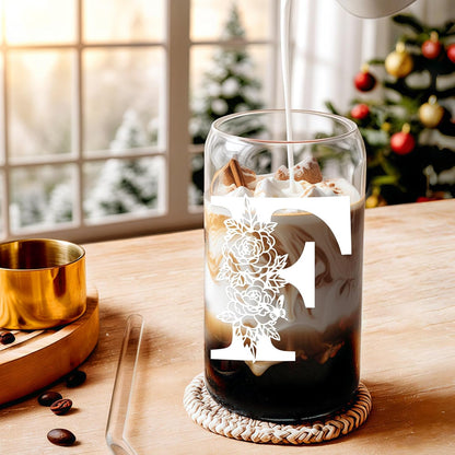 Glass Cups with Lids and Straws: Personalized Initial Glass Cup Be Used As Reusable Iced Coffee Cups with Lids,Cute Matcha Tumbler - The Christmas/Birthday Gifts for Women - M Smoothie Cup