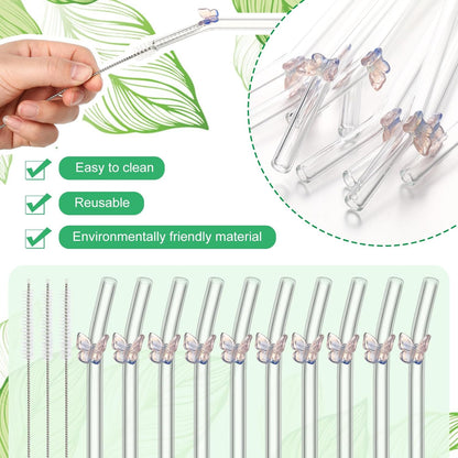 Meanplan 10 Pcs Cute Reusable Glass Straws with Design,8 mm x 7.9'' Shatter Resistant Butterfly Bow Clear Bent Glass Straw with Cleaning Brush for Drink Party Milkshakes Juice (Mixed Color)