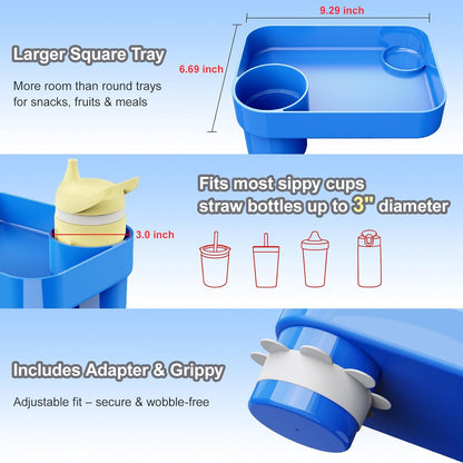 Car Seat Snack Tray for Toddlers - 3 Inch Cup Holder Fits Most Sippy Cups & Straw Bottles with Dip Well, Mess-Free Square Kids Travel Tray Road Trip Essentials, Black