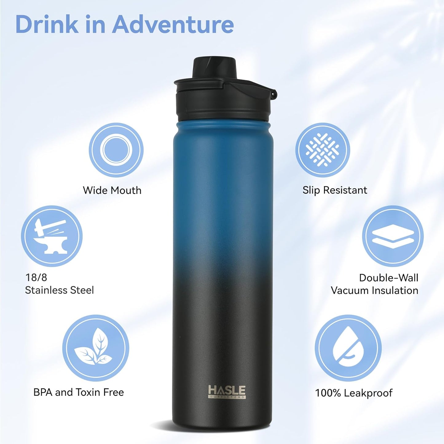 HASLE OUTFITTERS 32 oz Insulated Water Bottle Stainless Steel Double Walled Vacuum Sports Water Bottle with 2 Lids (Straw and Spout Lid) for Gym Camping Hiking(Black,1)