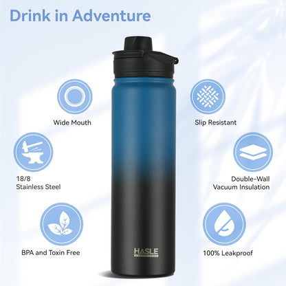 HASLE OUTFITTERS 32 oz Insulated Water Bottle Stainless Steel Double Walled Vacuum Sports Water Bottle with 2 Lids (Straw and Spout Lid) for Gym Camping Hiking(Black,1)