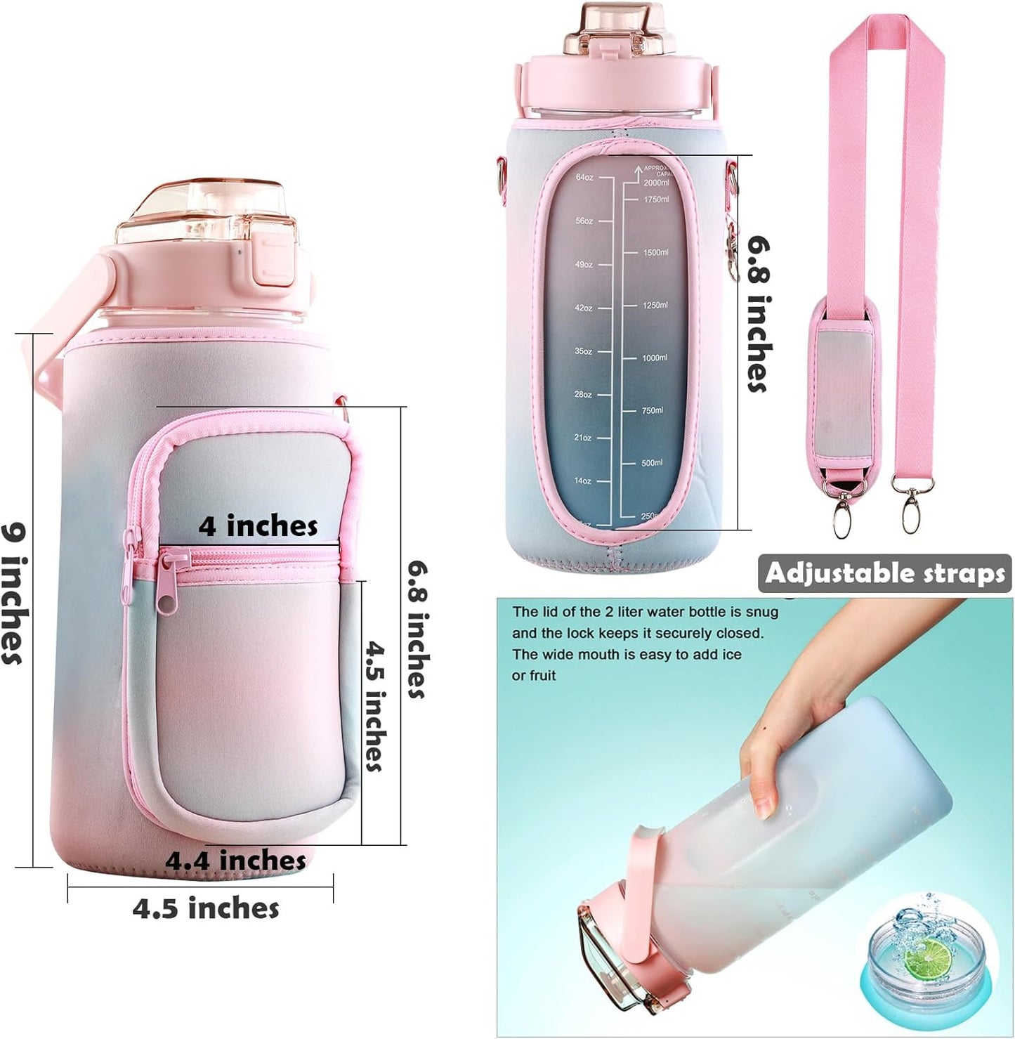Large Motivational Water Bottle with Straw Time Marker BPA Free for Sport and Fitness (Pink Blue, 64 Oz / Half Gallon)