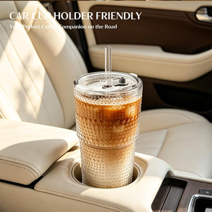 INSETLAN 20oz Hobnail Glass Cups with Lids and Glass Straws – 4 Pieces, Thick-Walled Glass Tumblers for Iced Coffee, Smoothies, Milk, Water, Juice, and More – Elegant and Durable Drinking Glasses