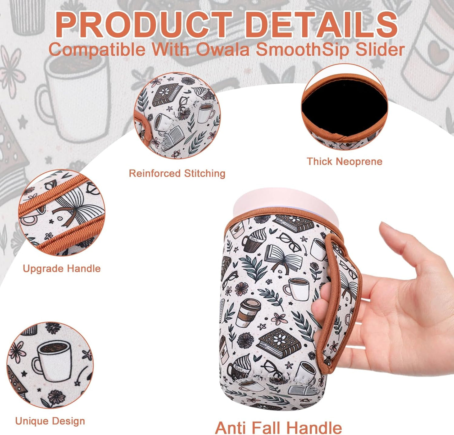Cute Sleeve for Owala Coffee Tumbler, Neoprene Cover with Handle for Owala SmoothSip Slider, Scratch Resistant Coffee Mug Sleeve for Women to Office, Workout, Coffee Break. (Coffee Break)