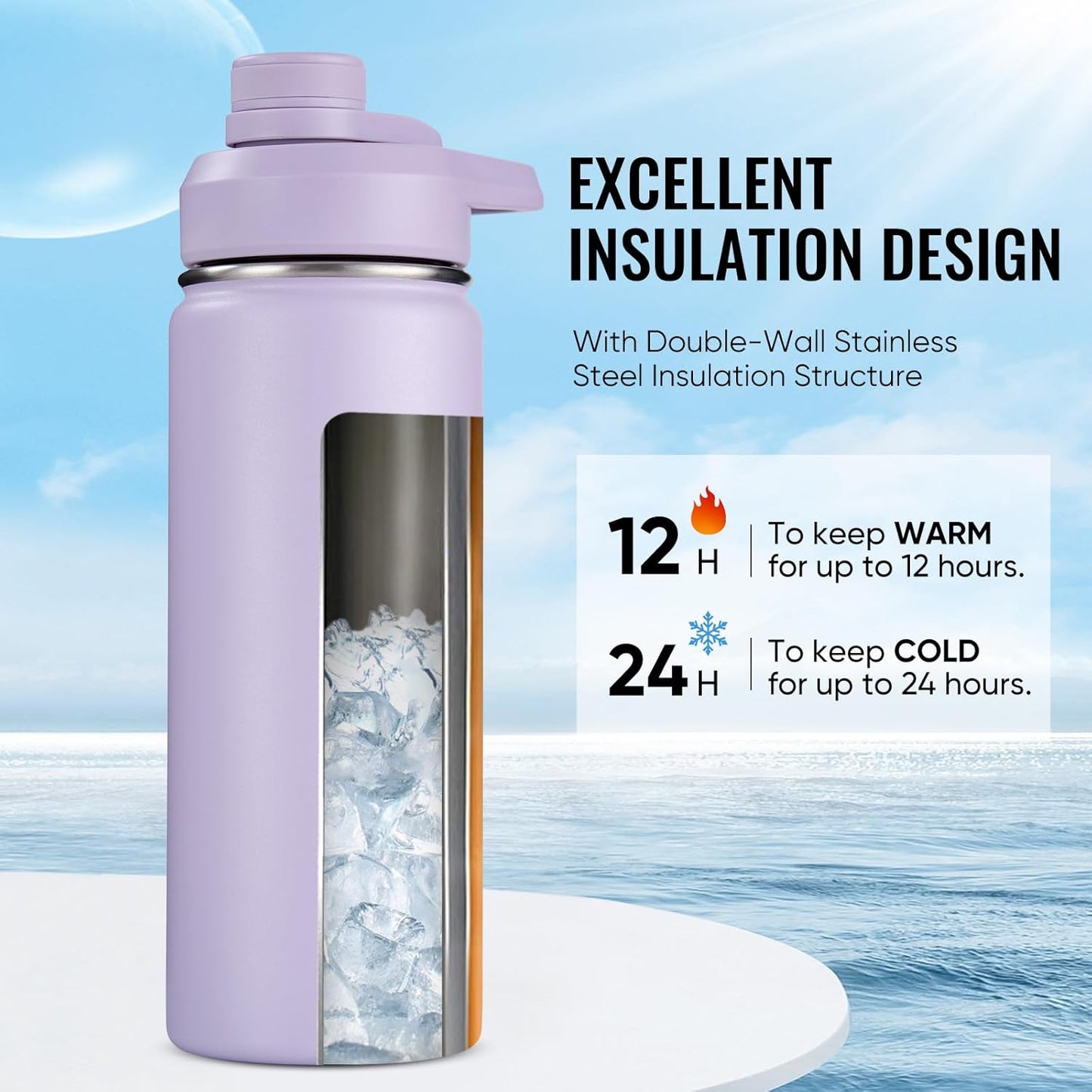 Fijinhom 24 oz Insulated Water Bottle with Handle, 304 Stainless Steel Water Bottles with Wide Mouth, Double Wall Vacuum Sports Water Bottle, BPA Free, Keep Cold and Hot, Black | with Handle