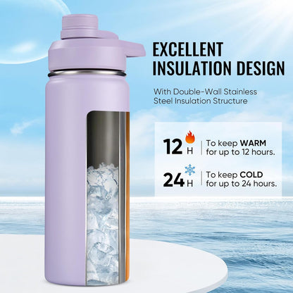 Fijinhom 24 oz Insulated Water Bottle with Handle, 304 Stainless Steel Water Bottles with Wide Mouth, Double Wall Vacuum Sports Water Bottle, BPA Free, Keep Cold and Hot, Black | with Handle