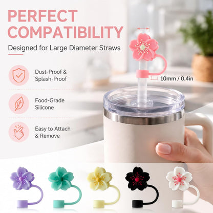 BTYHAOS Silicone Straw Caps for 10mm Tumblers | Reusable Dust-Proof Straw Toppers Compatible with Stanley 30oz & 40oz Tumblers (Purple Flower 3pc)