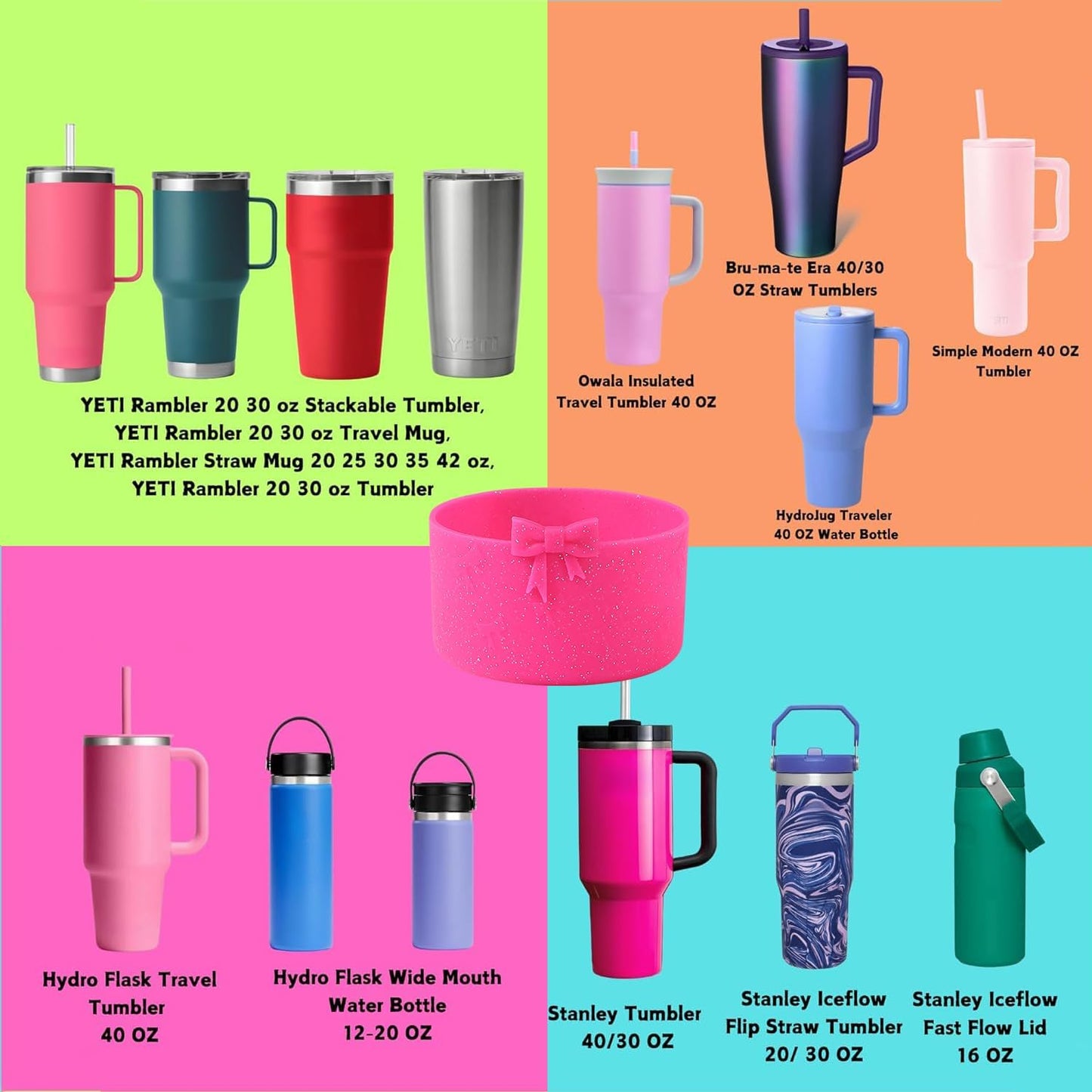 2PCS Bow Silicone Boot for Stanley Quencher Tumbler 30oz 40oz & IceFlow 20oz 30oz& Hydro Flask Water Bottle 12-24 oz Protective Bottom Sleeve Cover for Stanley Cup Accessories& Owala 24oz