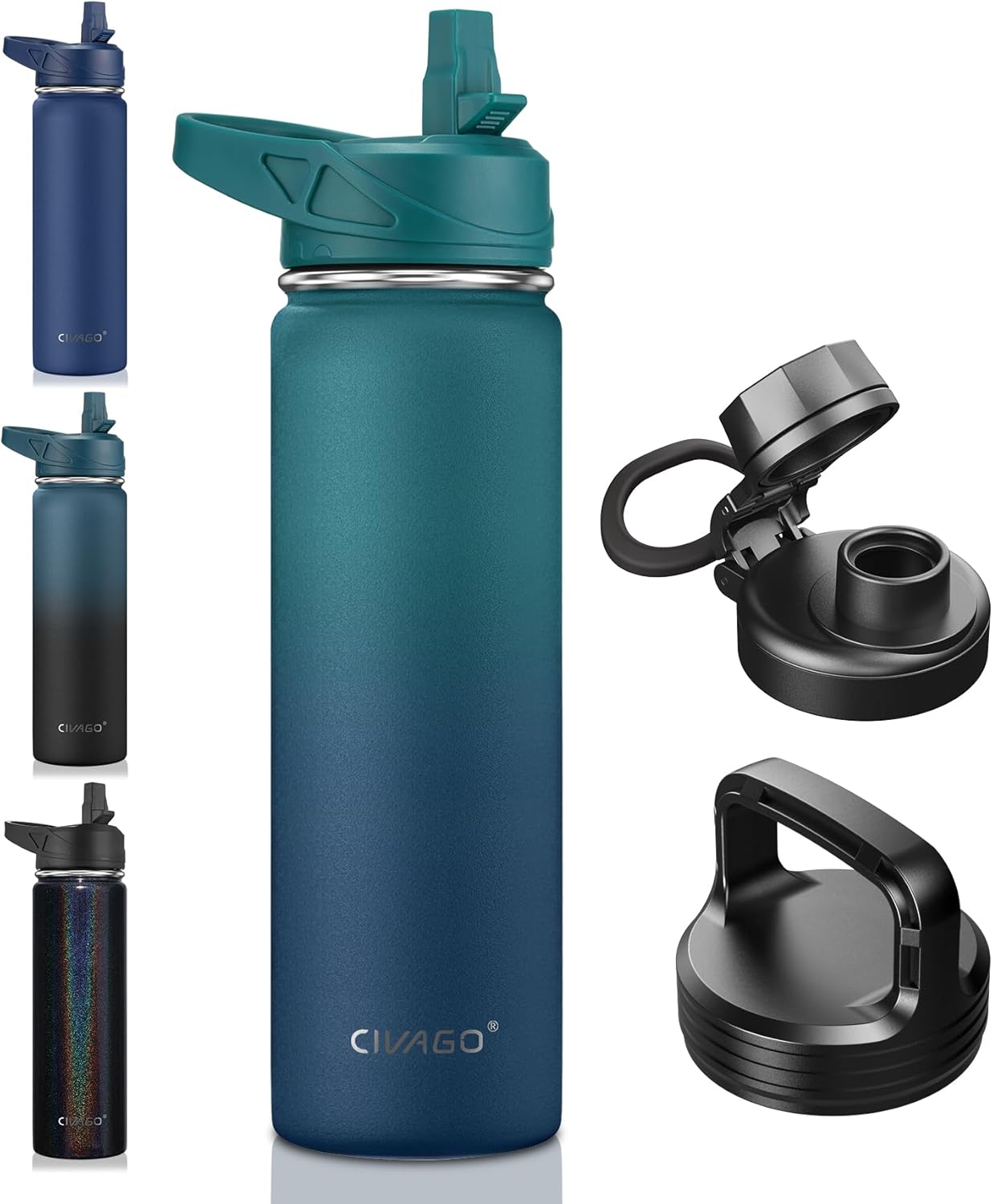 CIVAGO 32 oz Insulated Water Bottle With Straw, Stainless Steel Sports Water Cup Flask with 3 Lids (Straw, Spout and Handle Lid), Wide Mouth Travel Thermal Mug, Black