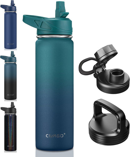 CIVAGO 32 oz Insulated Water Bottle With Straw, Stainless Steel Sports Water Cup Flask with 3 Lids (Straw, Spout and Handle Lid), Wide Mouth Travel Thermal Mug, Black