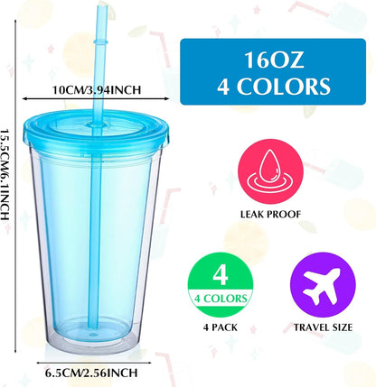 Nuogo 4 Pieces Insulated Double Wall Plastic Tumbler with Lids and Straws Reusable Transparent Plastic Cup 16 oz Tumbler Bulk for Coffee Drinks Milk Tea Juice, Pink, Blue, Green, Purple