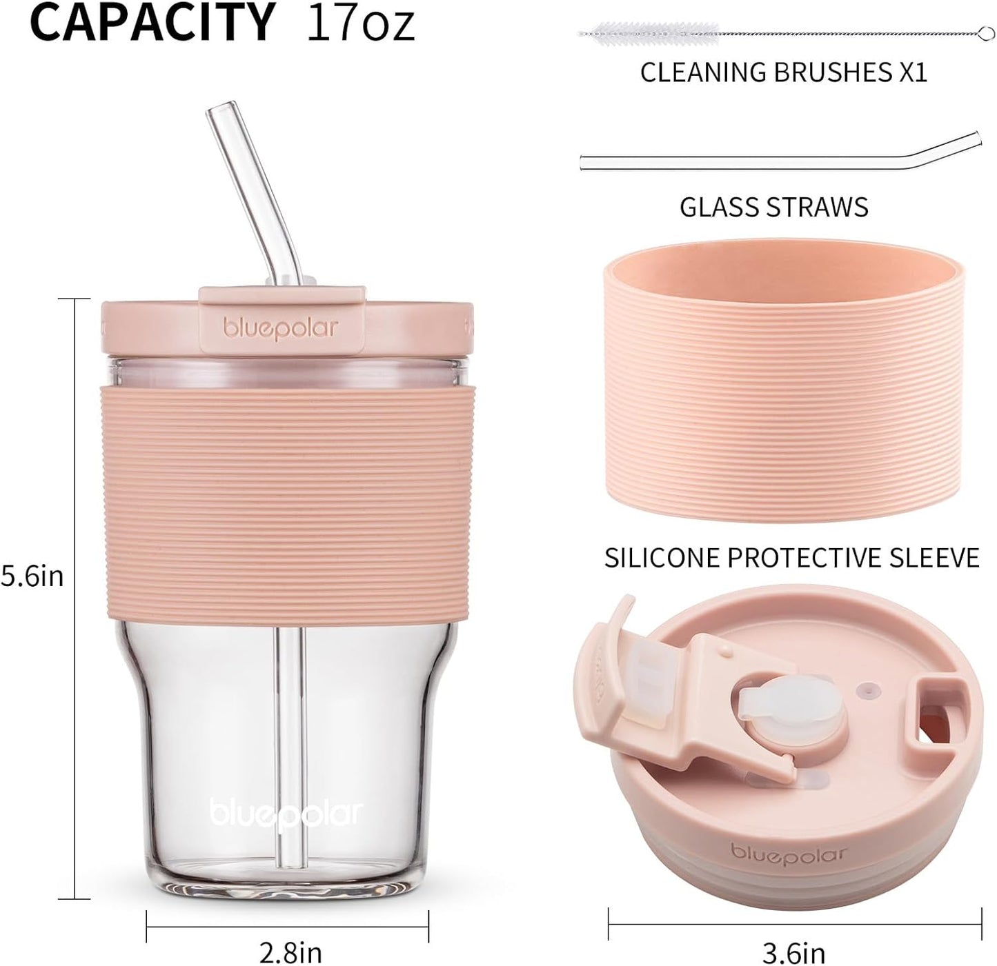 BLUEPOLAR 16oz/480ml Iced Coffee Cups With Lids And Straws,Reusable Leakproof Glass Tumbler,Water Bottles,Cold Brew,Drinking Jars For Juicing,Matcha,Tea,Smoothie For Travel,Office (Off-White)