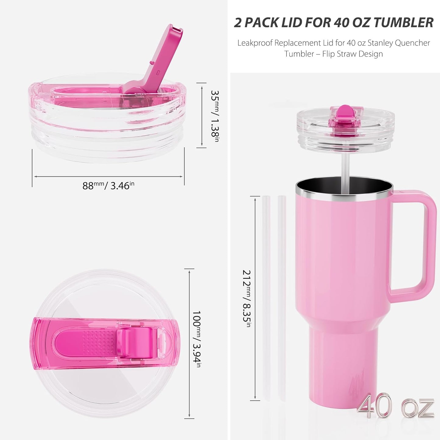 2 Pack 40 oz Flip Straw Lid for STANLEY Quencher ProTour and H2.0 FlowState Tumbler(Only for STANLEY Tumbler), Leakproof Lid, No Spill & Easy to Use Reusable Cover (Passion Pink)