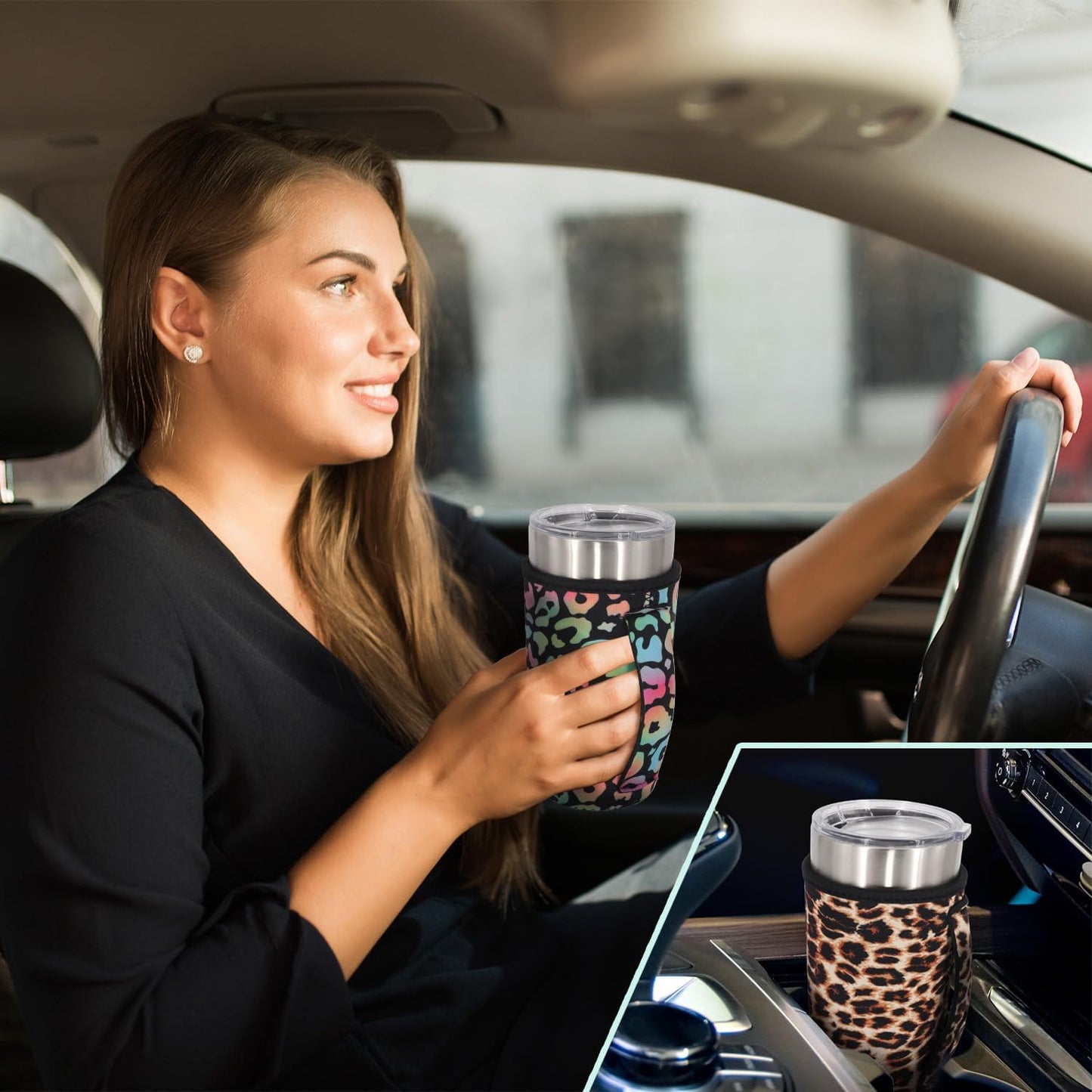 Reusable Iced Coffee Cup Sleeve Neoprene Insulated Sleeves Cup Holder with handle Idea for 30oz - 32oz Tumbler Cups, Protein Shake Bottles(Only Cup Sleeves), Black - Colors A