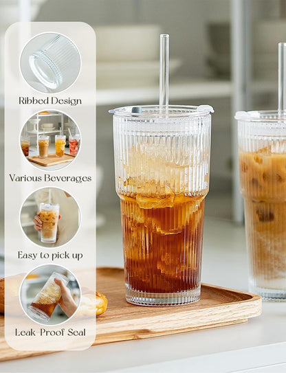 20 OZ Iced Coffee Cup With Glass Lids and Straws,High Borosilicate Glass Tumbler Cup Reusable Wide Mouth Smoothie Cups(Clear,1cup)…