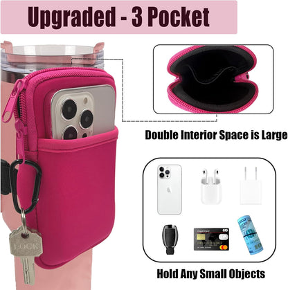 LMYUHONG Water Bottle Pouch For Stanley cup accessories 40oz 20oz 30oz,tumbler pouch with Versatile Pocket, for Cards, Keys,Earphone. Fits for Phones, Use for Running, Walking, Hiking,Biking,DeepPink