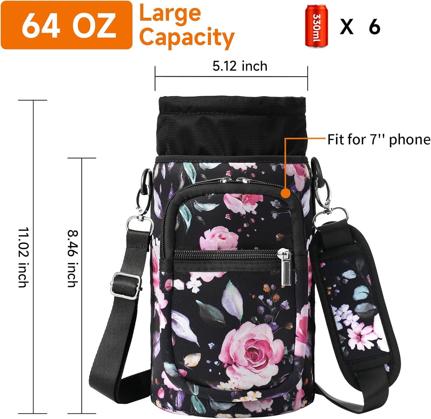 AceTreker 32/40/64/128 oz Neoprene Insulated Water Bottle Carrier Bag, Sling Bag Sleeve Pouch Holder with Strap & Paracord Handle and 2 Pocket for Travelling, Hiking, Camping