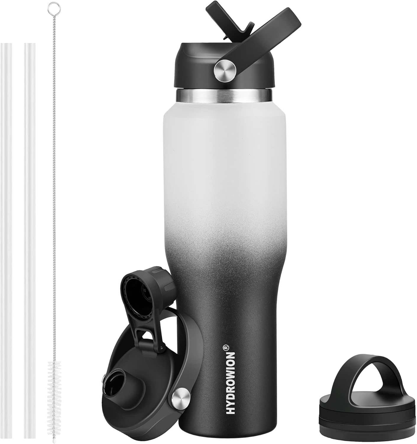 HYDROWION 32oz Stainless Steel Water Bottle(Cold for 48 Hrs, Hot for 24 Hrs),Double Wall Vacuum Insulated Water Bottle with Straw Lid, Spout Lid and Flex Cap, Fit in Any Car Cup Holder,Black
