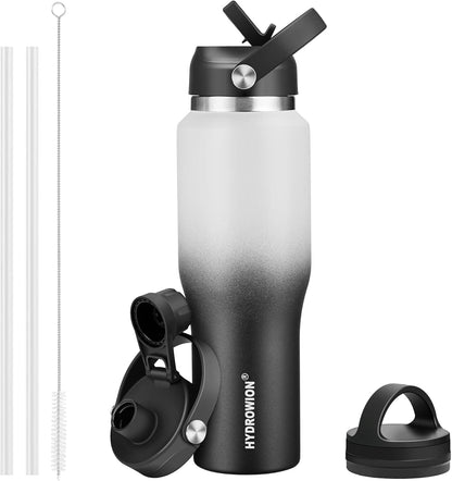 HYDROWION 32oz Stainless Steel Water Bottle(Cold for 48 Hrs, Hot for 24 Hrs),Double Wall Vacuum Insulated Water Bottle with Straw Lid, Spout Lid and Flex Cap, Fit in Any Car Cup Holder,Black