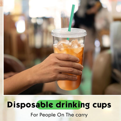 Baderke 25 Set Plastic Cups with Lids and Straws, Disposable Plastic Iced Coffee Cup for Cold Beverage Juice Smoothie Crystal for Coffee Shops Party Catering(Clear,16 oz)