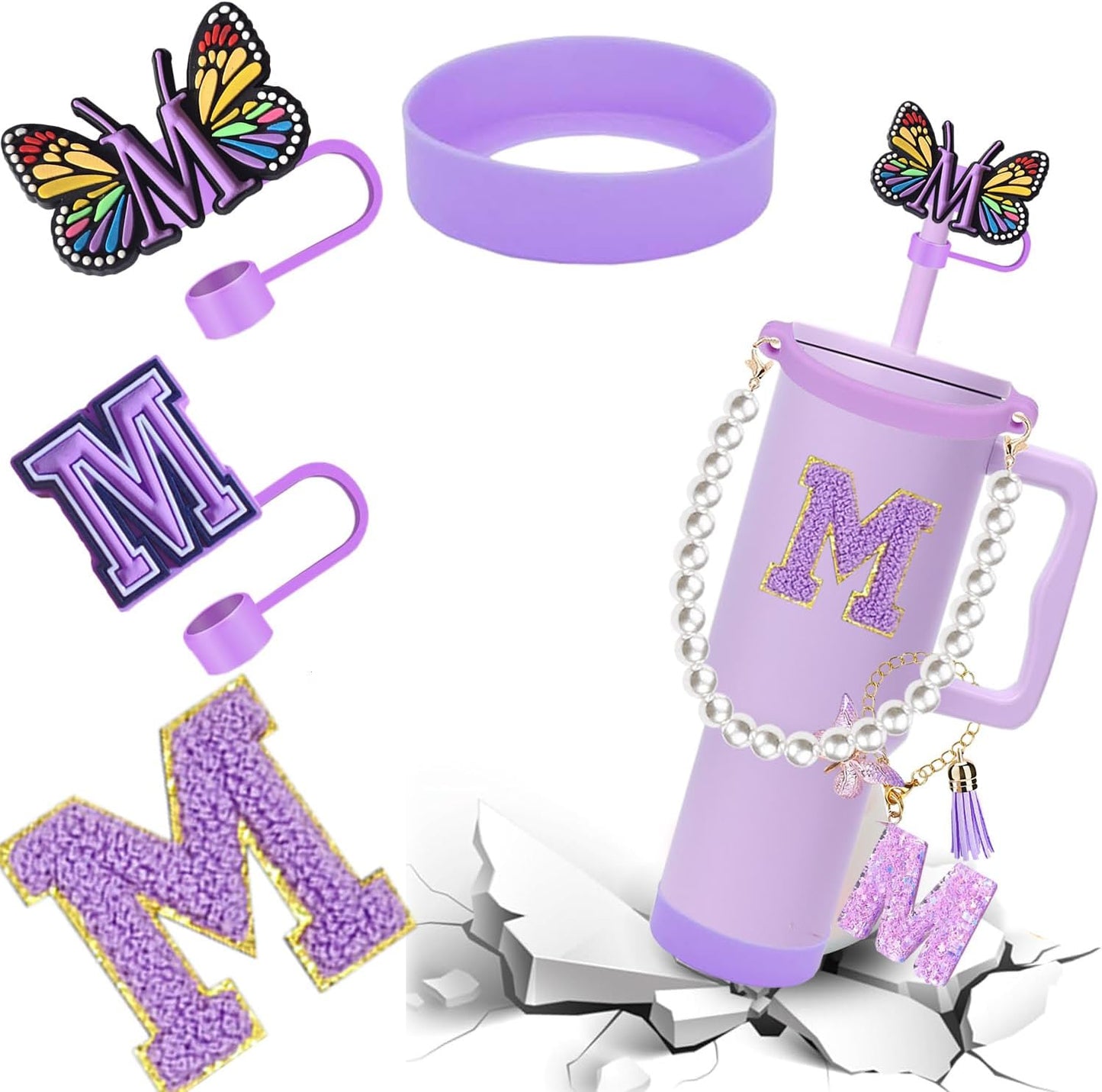 7pcs Cup Accessories for Stanley 30/40oz Tumbler, Handle Strap, Straw Cover, Silicone Boot, Letter Charm Stickers
