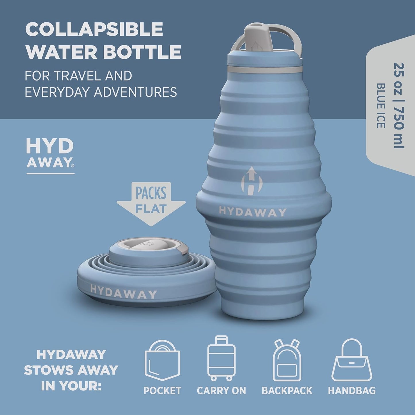 HYDAWAY 25oz Collapsible Travel Water Bottle - BPA-Free, Leakproof, Lightweight, Space-Saving - Perfect for Hiking, Travel, and All-Day Hydration