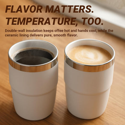 8 oz Small Coffee Cup with Magnetic Lid, Ceramic-Lined 18/8 Stainless Steel, Double-Wall Vacuum Insulated, Stackable, Dishwasher Safe, Mini Tumbler for On-the-Go, 2 Pack, Black