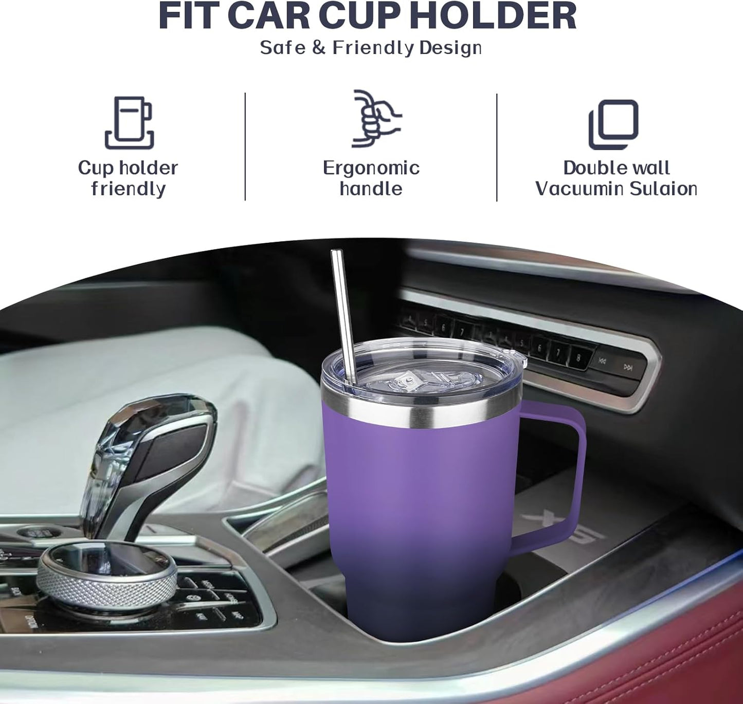 40 oz Tumbler with Handle, Insulated Tumbler with Lid and Straw, Reusable Stainless Steel Vacuum Insulated Cup, 100% Leak Proof Thermal Travel Coffee Mug Cup for Cold and Hot (Light Purple)