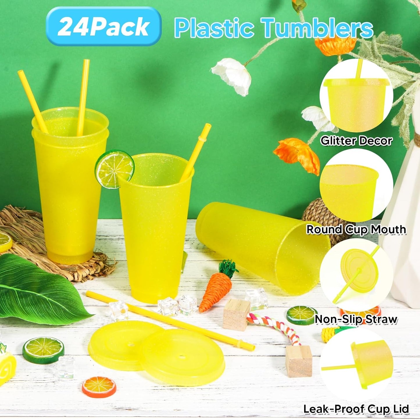 24 Pack Plastic Tumblers with Lids and Straw, Reusable Cups with Lids and Straws Colorful Cups for Cold Drink Iced Coffee, Plastic Tumbler Bulk for Party Birthday Gifts (24 oz, Stylish Colors)