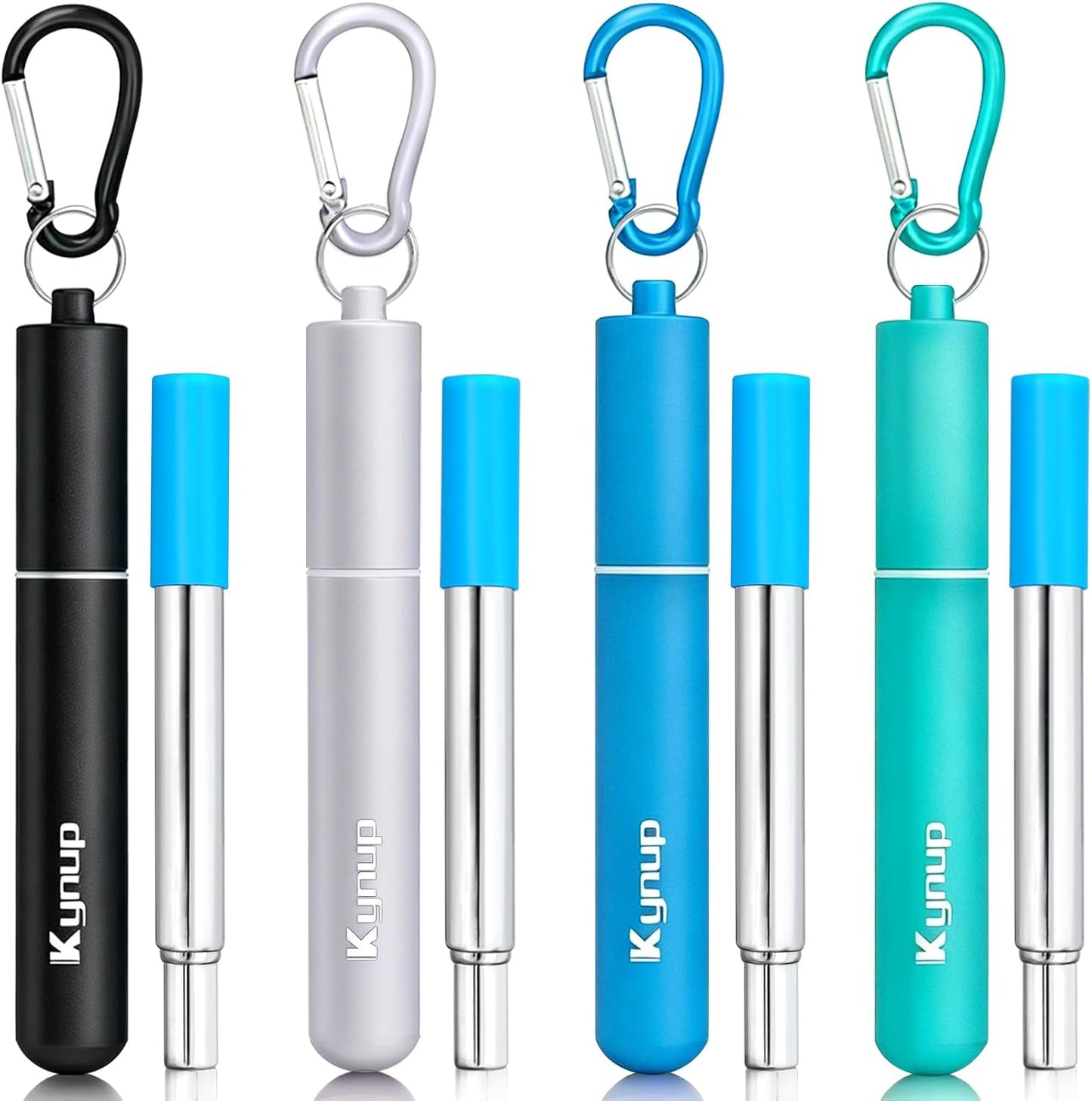 Kynup 4Packs Reusable Straws, Metal Straw with Silicon, Travel Drinking Straws with Case, Keychain, Cleaning Brushes, Silicon Pcs Perfect for Travel, Gifts (20 PCS) Blue-Black-Silver-Turquoise