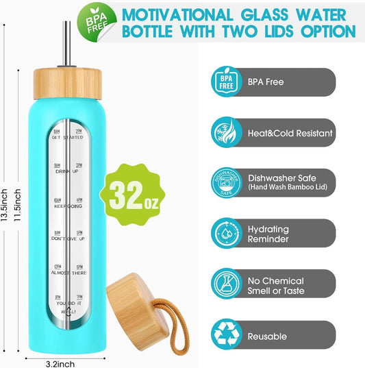 SipZest 32 oz Glass Water Bottle with Straw - Motivational Time Marker & Silicone Sleeve - Reusable Tumbler Includes 2 Bamboo Lids & Fruit Infuser - 1 Pack