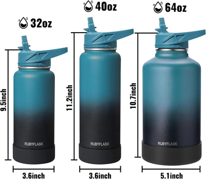 RUBYFLASK 32oz Insulated Water Bottle with Straw, Stainless Steel Metal Vacuum Water Flask, Large Thermal Water bottle with Leakproof 3 Lids for Travel, Camping, Gym Sports Indigo Black