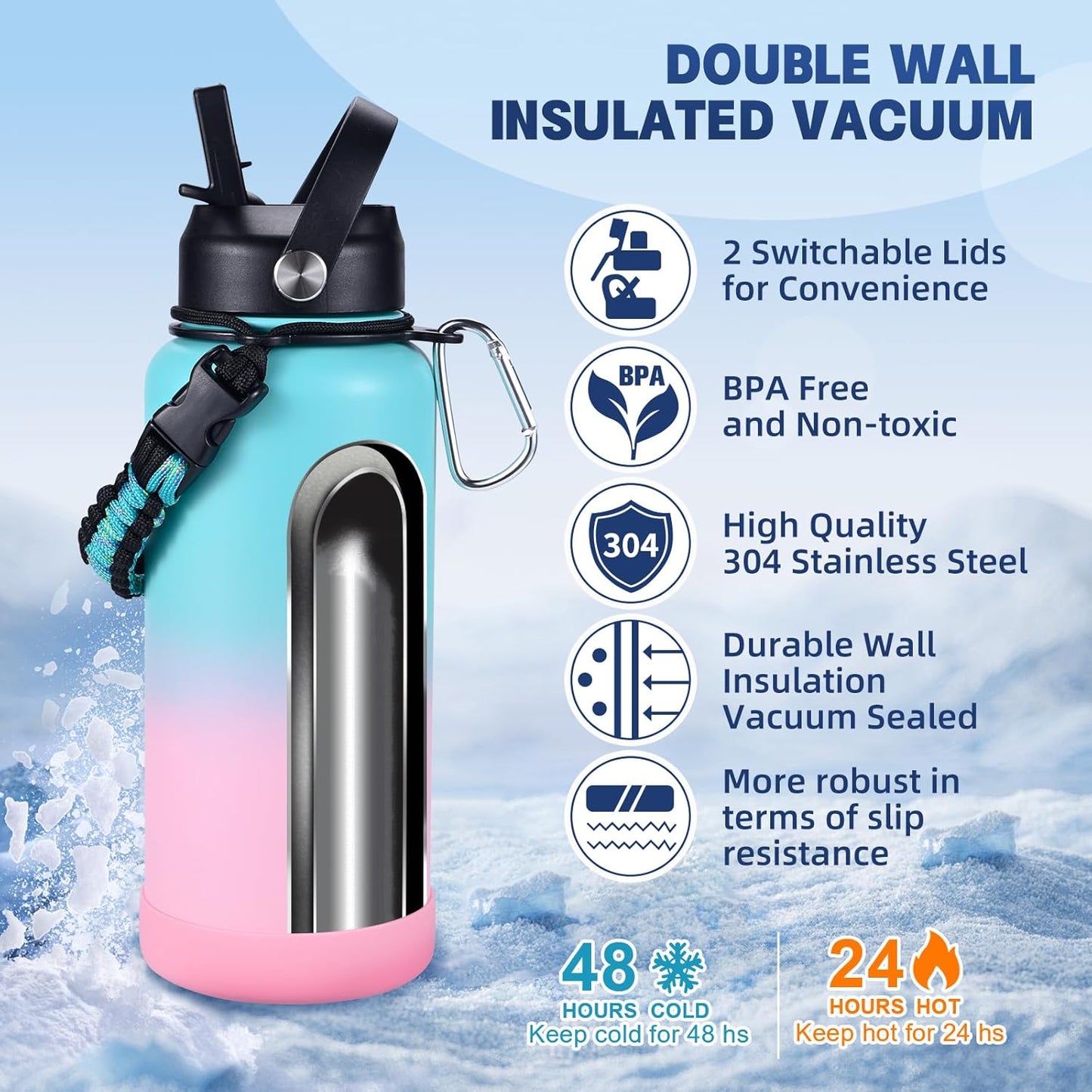 Insulated Water Bottle, 32 oz Stainless Steel Wide Mouth Water Bottles with 2 Leak Proof Lid and Paracord Handle, Double Wall Vacuum Insulated Sports Water Bottle, Purple Black