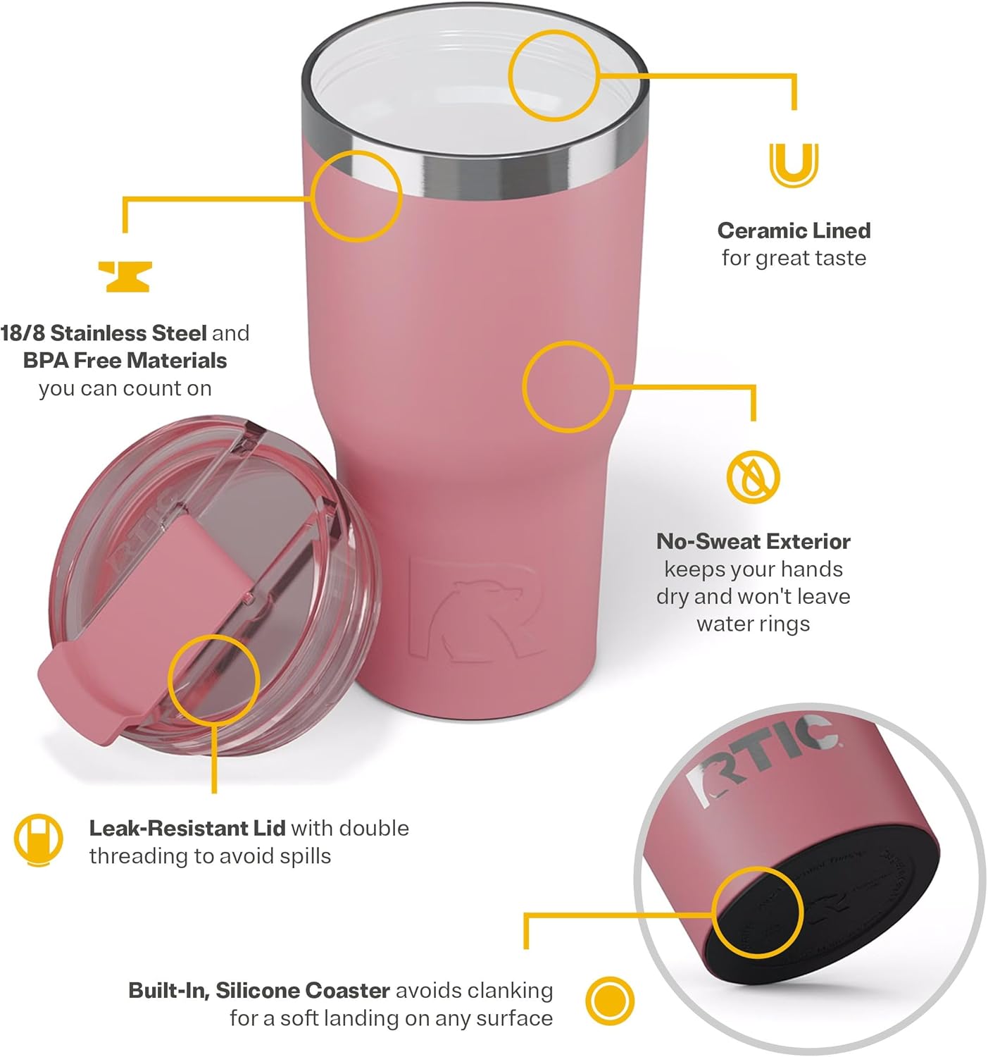 RTIC 20oz Essential Tumbler with Lid, Ceramic Lined, Insulated, Stainless Steel, Metal, Double Wall Vacuum-Insulation, Travel Cup for Iced Coffee, Tea, Hot and Cold Drink, Graphite