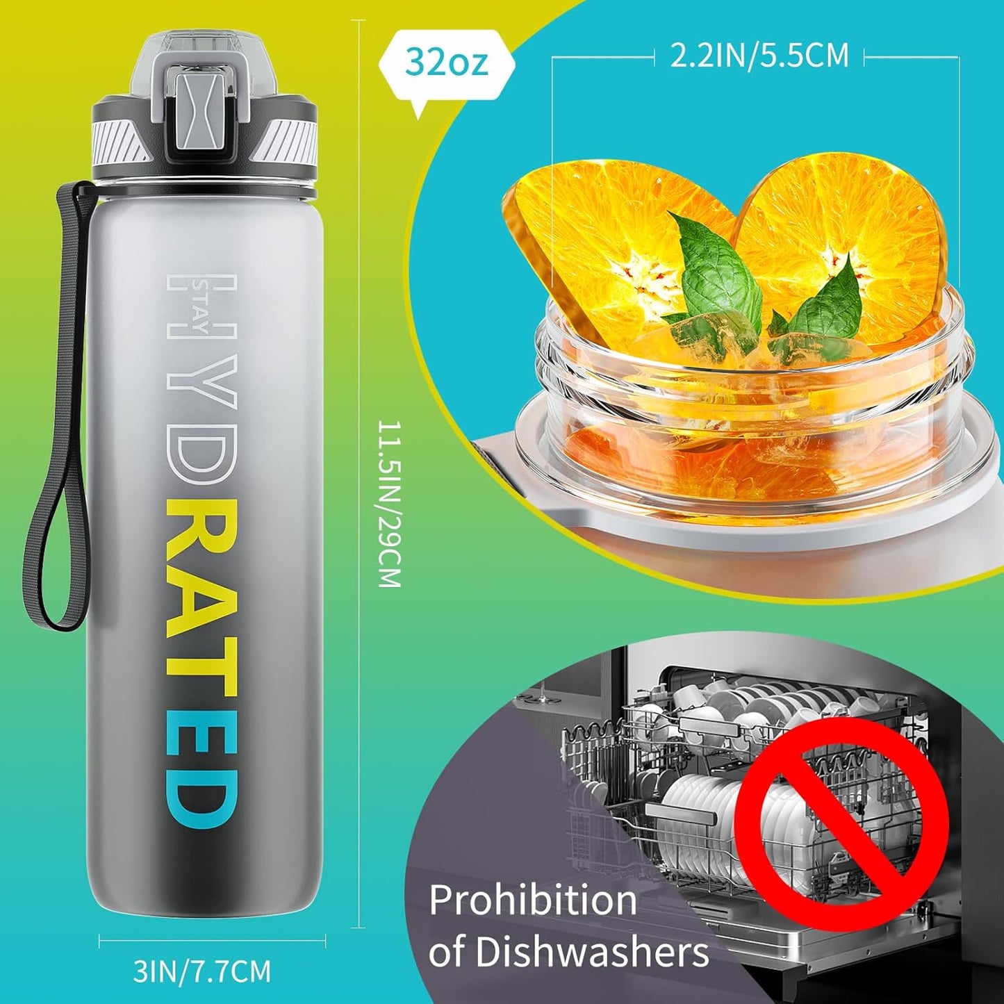 QLUR Water Bottle with Straw, 32oz Motivational Water Bottles with Time Marker to Drink, Tritan BPA Free, 1L Sports Water Bottle with Carry Strap LeakProof for Women Gym Fitness Outdoor (1 Pack)