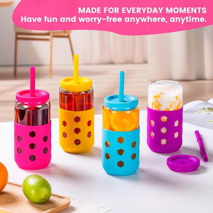 Mrsdry Glass Cups with Lids and Straws (4 Pcs), 16oz Drinking Glasses Set with Silicone Sleeves for Coffee Bar Accessories Iced Coffee Cups with Lids, Glass Tumbler Reusable for Gifts