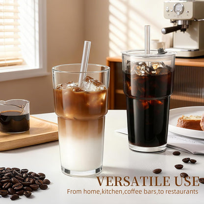 Iced Coffee Cups with Lids: Coffee Bar Accessories - Ribbed Glass Tumbler with Straw and Lid 4Pcs - 20oz Leak Proof Tumbler - Reusable Glass Cups and Tumblers with Lid and Straws for To Go Iced Coffee