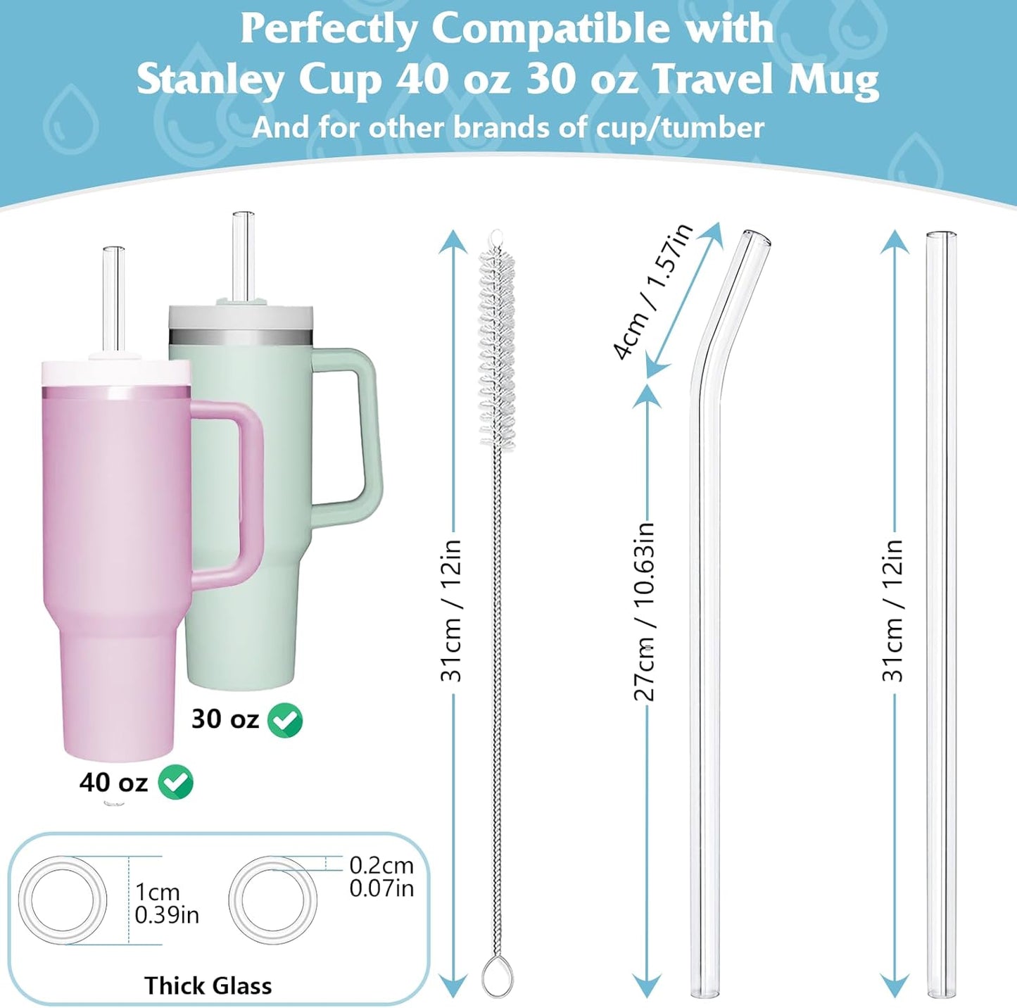 AOTWAN Glass Straws for Stanley 10 Pack 40/30 oz Tumbler,12inch Replacement Straw for Stanley 4 Straight and 4 Bent with 2 Brushesh,Reusable Glass Straws for Stanley Cup