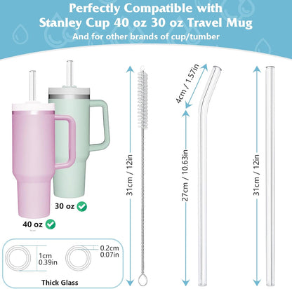 AOTWAN Glass Straws for Stanley 10 Pack 40/30 oz Tumbler,12inch Replacement Straw for Stanley 4 Straight and 4 Bent with 2 Brushesh,Reusable Glass Straws for Stanley Cup