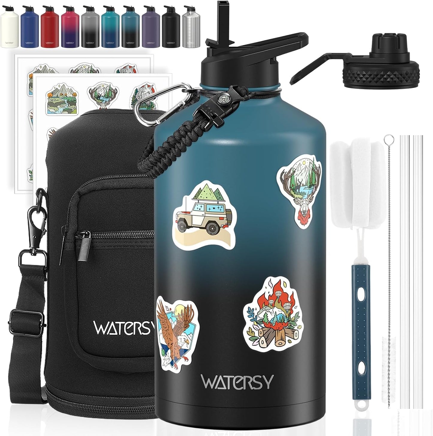 40oz Insulated Water Bottle (Cold for 48 Hrs),BPA Free&Leak Proof,Stainless Steel Water Flask,Water Jug with Straw Spout Lids for Gym,Hiking,Travel,Black Blue