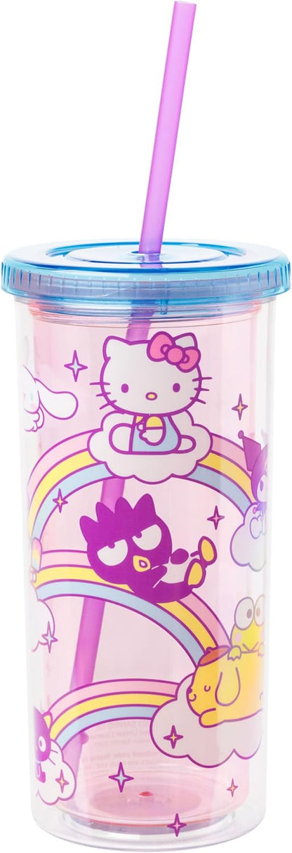 Silver Buffalo Sanrio Hello Kitty Milk Carton Pattern Plastic Boba Tumbler w Lid and Wide Straw, 24 Ounces