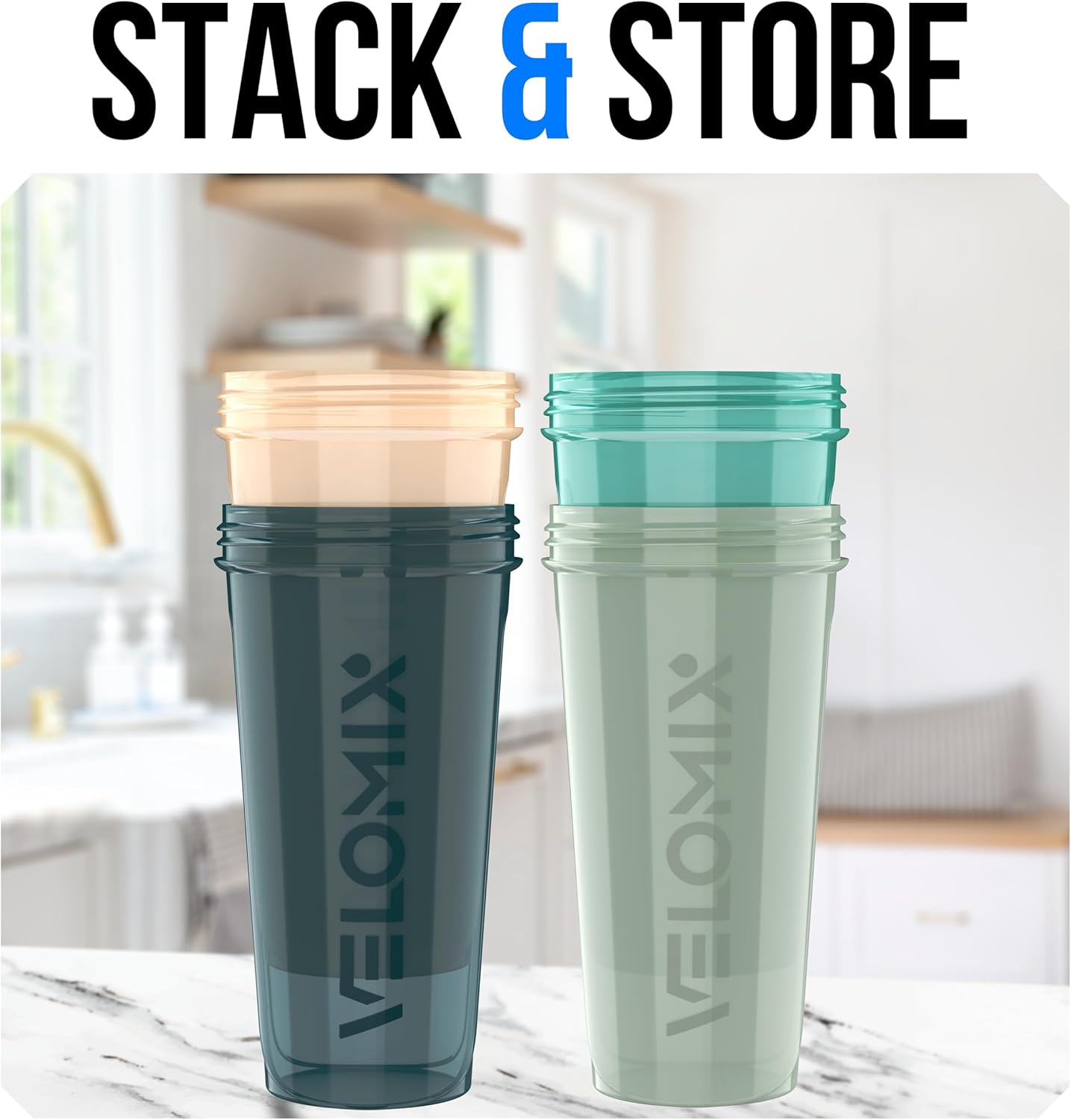 VELOMIX -4 PACK 28 Oz Protein Shaker Bottle for Protein Mixes - 4x Wire Whisk | Leak Proof Shaker Cups for Protein Shakes | Large, Stackable Protein Shaker Bottles Pack | Dishwasher Safe (Aqua Depths)